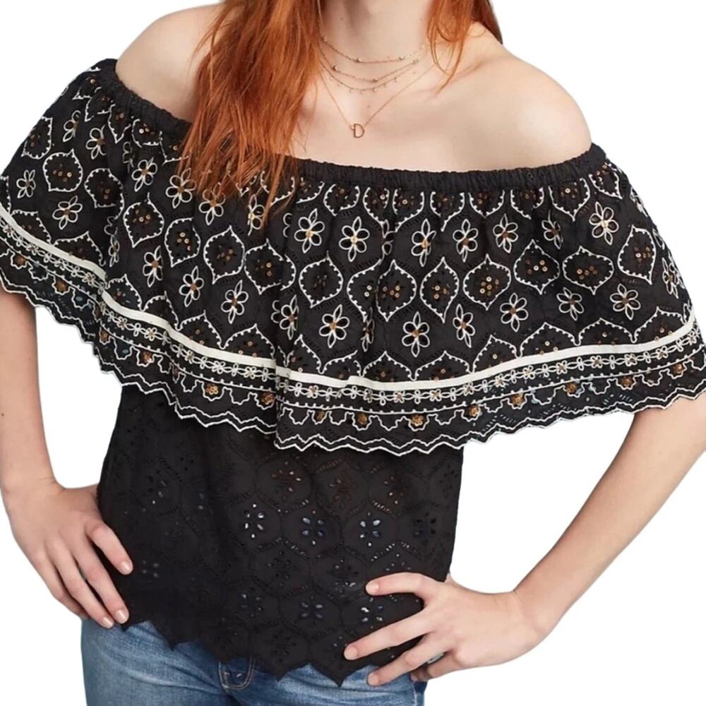 Anthropologie Hemant & Nandita Black Off Shoulder Eyelet Top Small Boho Hippie